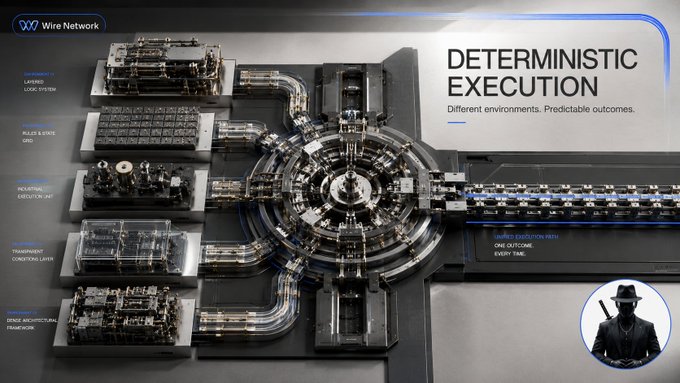 The image shows a detailed, high-tech illustration of Wire Network's "Deterministic Execution" system, featuring a complex central mechanism surrounded by labeled components including a "Unified Logic System," "Rules & State Grid," "Initiative Execution Unit," "Transaction Conversion Layer," and "Cross Architectural Framework," with the tagline "Different environments. Predictable outcomes." and a character in a suit and hat (echoing Mr. Robot) in the corner. The visual reinforces the accompanying post's message about the challenge of multi-chain applications—specifically highlighting that Wire Network's coordination framework ensures predictable transaction outcomes across different blockchain environments, addressing the core problem of not just routing transactions cross-chain but guaranteeing their deterministic execution upon arrival.