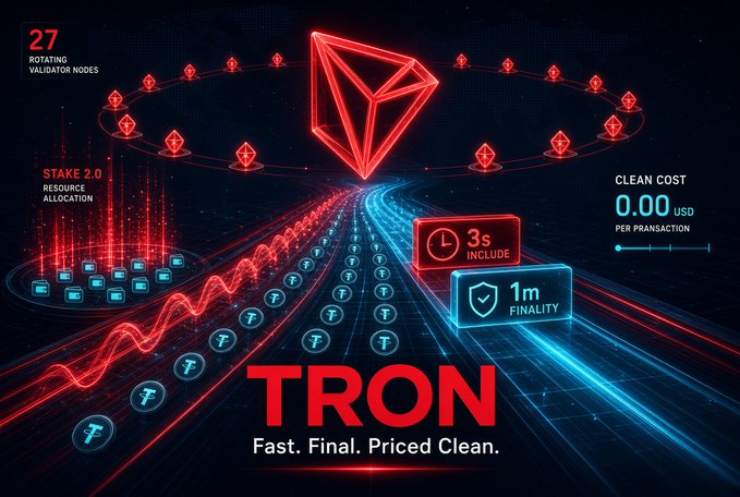 A red and blue digital infographic for 'TRON' displaying text 'Fast. Final. Priced Clean.', '27 ROTATING VALIDATOR NODES', 'STAKE 2.0 RESOURCE ALLOCATION', '3s INCLUDE', and '1m FINALITY' with a 'CLEAN COST 0.00 USD PER TRANSACTION'.