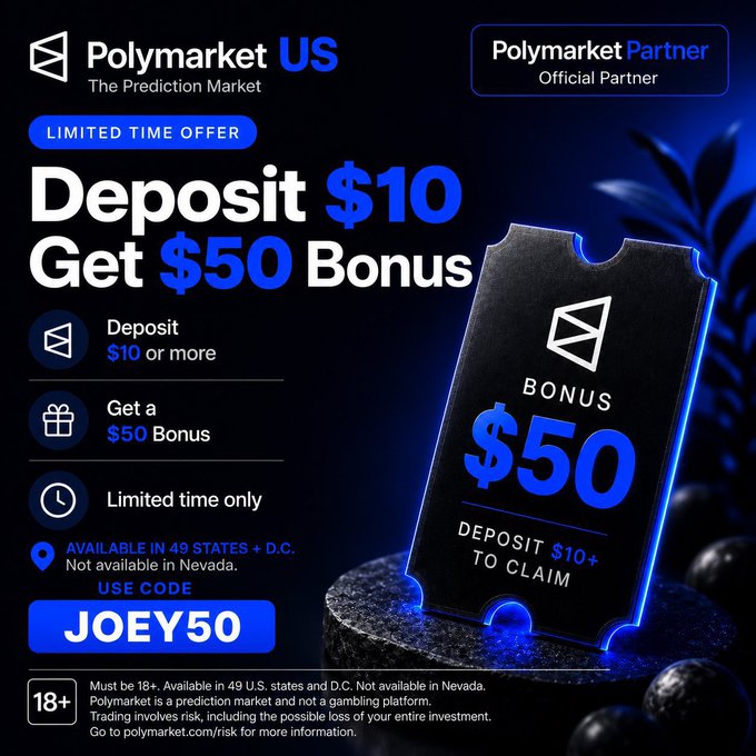 This is a promotional advertisement from Polymarket US, the prediction market, offering a limited-time bonus of $50 for users who deposit $10 or more. The image features the Polymarket logo, a "$50 Bonus" ticket graphic, and prominently displays the promo code "JOEY50," with a disclaimer noting the offer is available in 49 U.S. states and D.C. but not Nevada. The ad directly supports the accompanying post, which promotes using Polymarket for NFL betting and encourages viewers to sign up using the same code.