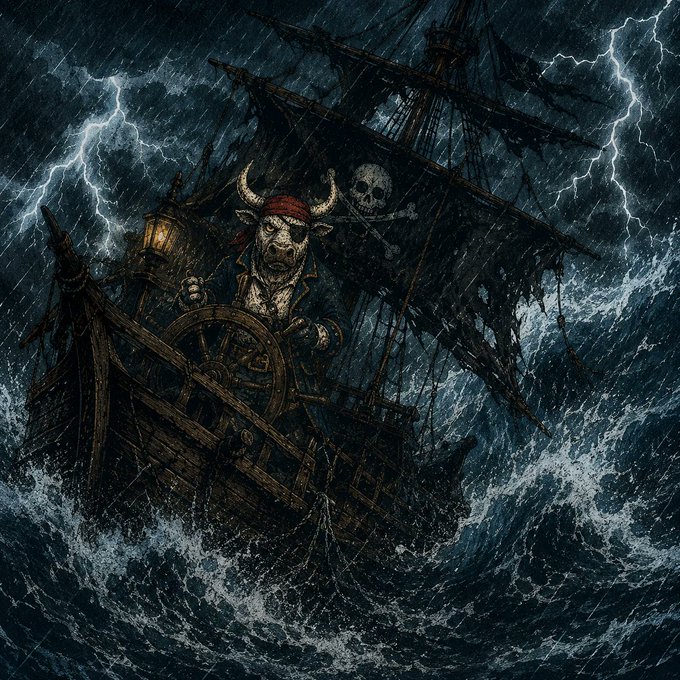 A dark, detailed digital artwork of a skeletal pirate ship battling a stormy sea with large waves and bright lightning flashes.