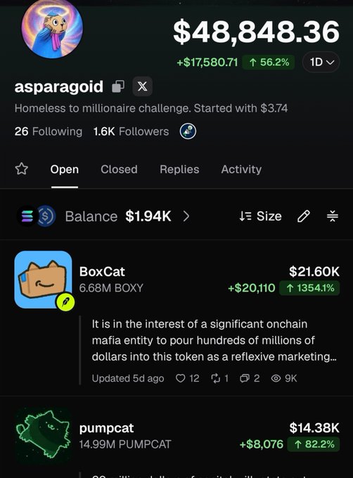A trading portfolio screenshot showing a balance of $48,848.36 with a 56.2% gain, tracking memecoins including 'BoxCat' up 1354.1% and 'pumpcat' up 82.2%.