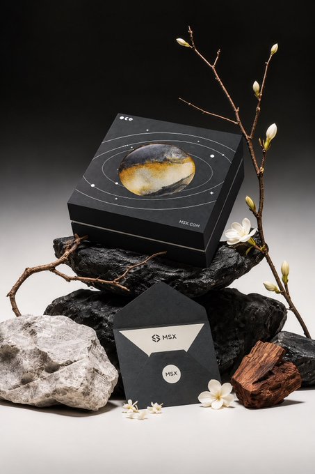 An MSX coin presentation box with a space-themed design rests on dark rocks alongside an envelope and card, decorated with white blossoms and branches.