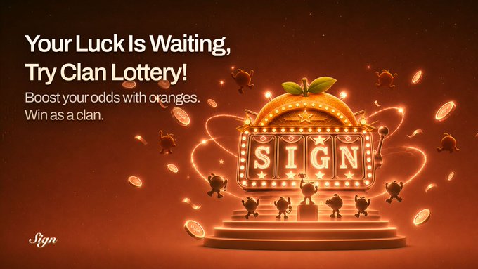 The image features an advertisement for a Clan Lottery game that has just launched. The text on the image reads "Your Luck Is Waiting. Try Clan Lottery! Boost your odds with oranges. Win as a clan." The image shows a large sign with a cartoon character and orange lights, which is the main focus of the advertisement. The background of the image is red, creating a warm and inviting atmosphere for the game.