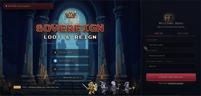A login/registration page for the game 'Sovereign: Loot & Reign' with the tagline 'Assemble with purpose, while you sleep,' featuring options to follow on X, join Telegram, or use DexScreener chat.
