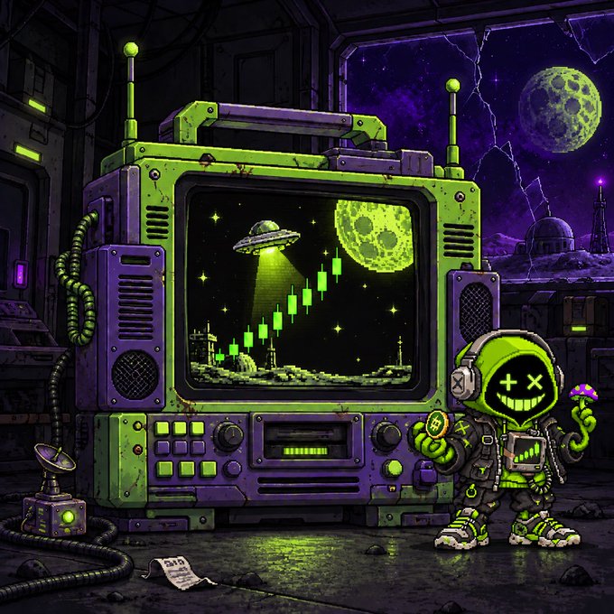 A vibrant digital illustration featuring a neon-green and purple futuristic device displaying a UFO and a green candlestick chart on its screen, with a cartoon astronaut character holding a Bitcoin beside it.