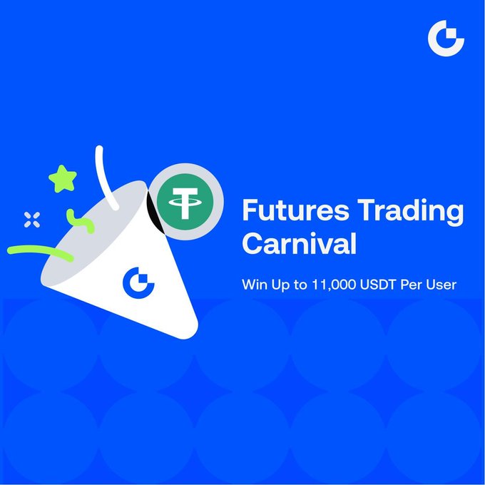 A promotional graphic for a 'Futures Trading Carnival' with the text 'Win Up to 11,000 USDT Per User' alongside a megaphone illustration featuring a USDT coin icon on a blue background.