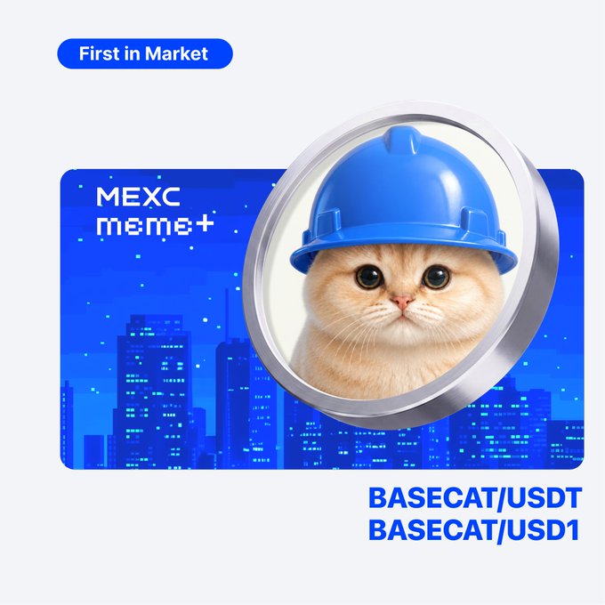 A MEXC Meme+ promotional graphic announcing the "First in Market" listing of the BASECAT token, featuring an adorable cat mascot wearing a blue hard hat inside a circular frame against a stylized blue city skyline, with the trading pairs "BASECAT/USDT" and "BASECAT/USD1" displayed at the bottom.