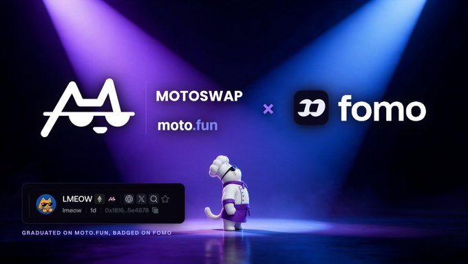 A promotional graphic announces the partnership between Motoswap (moto.fun) and Fomo, displayed with their logos crossed against a blue-purple spotlight backdrop. A 3D white cat mascot wearing a purple vest stands beside a token info card for "LMEOW" (lmeow), noting it "GRADUATED ON MOTO.FUN, BADGED ON FOMO," illustrating the post's message about motofun coins automatically appearing on Fomo upon graduation.