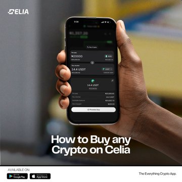 A hand holds a smartphone displaying the Celia app's "Buy & Sell Crypto" interface, showing USDC and USDT at a rate of ₦1,592/USDT, with a "Proceed to Pay" button visible. The ad text "How to Buy any Crypto on Celia" appears at the bottom alongside the Google Play and App Store download prompts, illustrating the post's claim that buying crypto on the app is quick and easy starting from ₦500.