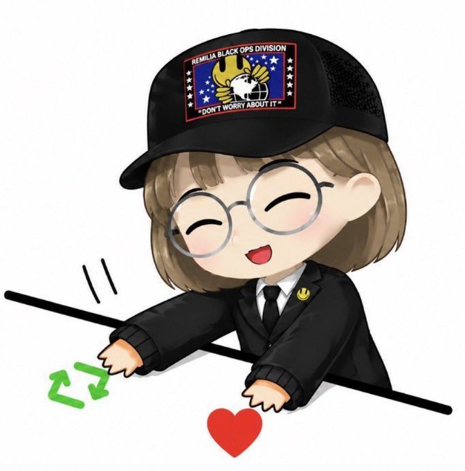 A chibi-style character wearing glasses and a black cap labeled 'REMILIA BLACK OPS DIVISION - DON'T WORRY ABOUT IT' sits at a desk with a keyboard and heart symbol.