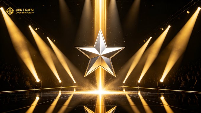 A golden five-pointed star shines on a glossy stage under dramatic spotlights, with "ARK | DeFAI – Code the Future" displayed in the upper left. The radiant star visually embodies the post's theme of "rising stars," symbolizing how Arkie AI App helps ARK users transform ideas into standout achievements and community momentum.