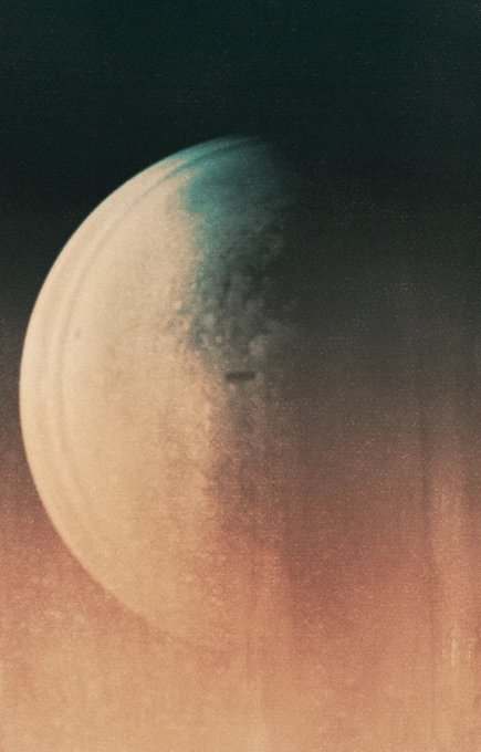 An artistic image of a planet, resembling Venus or a similar celestial body, partially obscured by swirling orange and teal clouds against a dark sky.