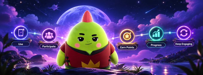 An illustration of a green cartoon character with a red flame on its head, surrounded by icons labeled Use, Participate, Earn Points, Progress, and Keep Engaging.