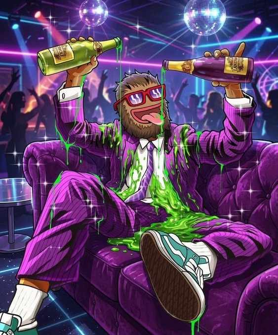 A furry character in a purple pinstripe suit lounges on a velvet couch, joyfully pouring two bottles of green liquid that splash over himself amid a disco-lit nightclub scene. The image captures the wild energy of the post's message, "The party is just getting started $WOLF," reflecting the memecoin's playful, hype-driven vibe.