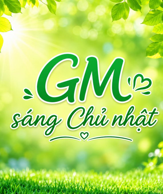 A bright green nature background with sunshine, leaves, and grass displays the text "GM sáng Chủ nhật" (meaning "Good Morning Sunday" in Vietnamese). The cheerful design complements the post's Sunday morning greeting, setting a fresh, uplifting tone for the start of the day.