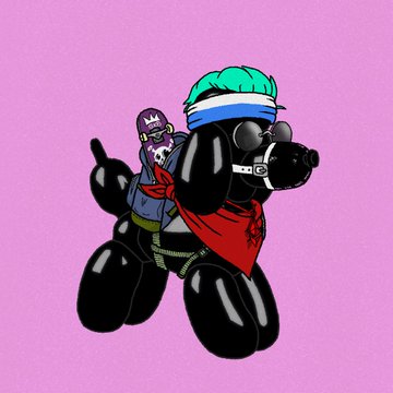 The image shows a cartoonish Bored Ape-style character riding an inflatable horse against a pink background, wearing a green, blue, and white beanie with a red bib; it doesn't visually depict the necklaces mentioned in the post, suggesting the image is unrelated to or loosely accompanies the NFT-themed accessory discussion.