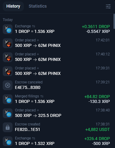 A cryptocurrency transaction history screen showing recent trades including exchanges between DROP and XRP, orders placed for PHNIX and DROP, an escrow created, and a cancelled escrow.