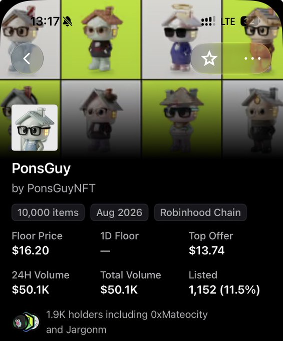 An NFT marketplace listing for 'PonsGuy by PonsGuyNFT' showing 10,000 items on Robinhood Chain from Aug 2026, with floor price $16.20, top offer $13.74, and 24H volume of $50.1K.