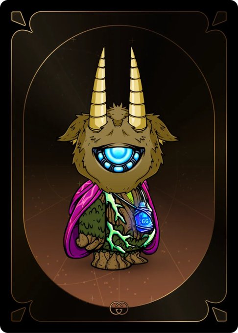 An illustrated tarot-style card featuring a brown, furry, one-eyed creature with golden horns, wearing a pink cape and holding a glowing blue orb containing the text 'GG'.
