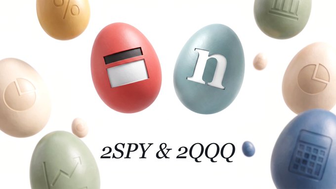 A cluster of pastel-colored eggs featuring financial and data-themed icons (credit card, bar chart, pie chart, calculator, percentages, and the letter "n") floats above the text "2SPY & 2QQQ," symbolizing a balanced investment in both stocks and tech ETFs—likely reacting to a surprising or noteworthy market observation.
