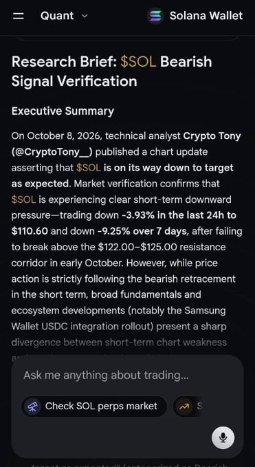A screenshot from a Solana Wallet app showing a 'Research Brief: $SOL Bearish Signal Verification' executive summary noting SOL is down -3.93% in 24h and -9.25% over 7 days, failing to break the $122.00-$125.00 resistance corridor.
