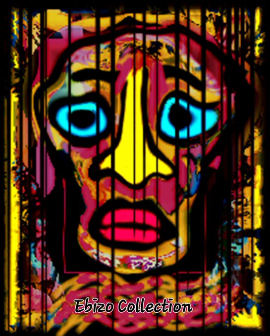 A vibrant stained-glass style portrait of a face with bright blue eyes, pink lips, and yellow skin tones behind black vertical bars, with "Ebizo Collection" written at the bottom.