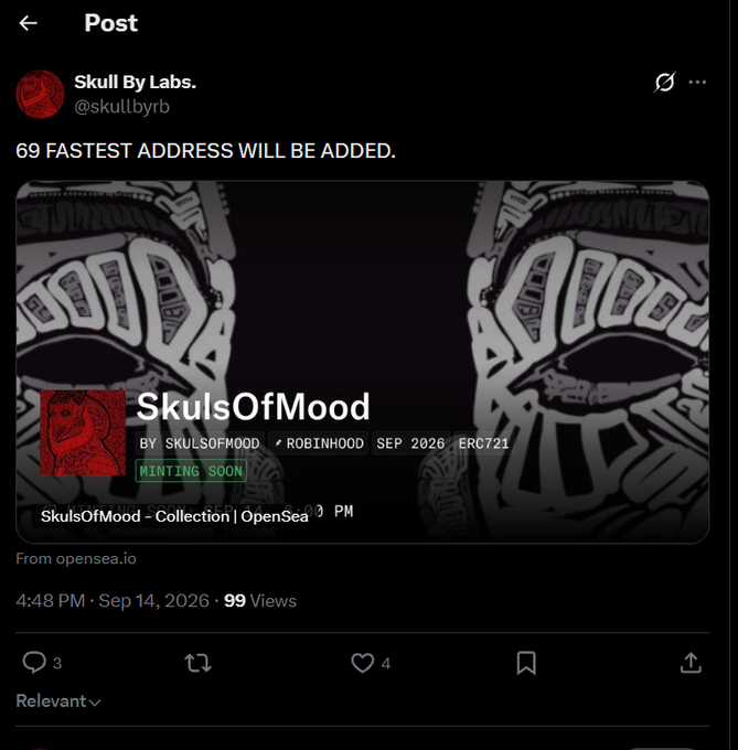 A tweet from Skull By Labs (@skullbyrb) announcing '69 FASTEST ADRRESS WILL BE ADDED' featuring promotional art for 'SkulsOfMood' NFT collection on OpenSea, marked 'MINTING SOON'.
