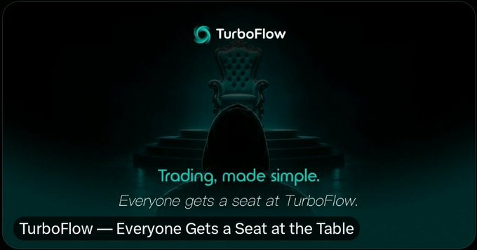 An advertisement graphic for 'TurboFlow' featuring a hooded figure facing a chair on a pedestal with the text 'Trading, made simple. Everyone gets a seat at TurboFlow.'