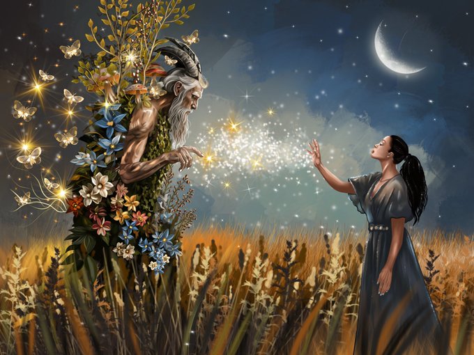 A digital illustration showing a horned, plant-covered mythical figure interacting with magical sparkles alongside a woman in a blue dress, set against a night sky with a crescent moon and glowing butterflies.