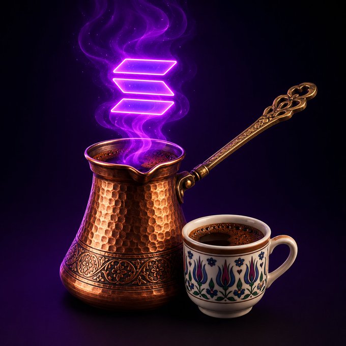 A traditional hammered copper cezve (Turkish coffee pot) brews steaming purple vapor alongside a white ceramic cup filled with dark coffee, capturing the cultural essence of Balkan coffee-making. The glowing Solana logo rising from the steam visually represents the $KAFA token's launch on the Solana blockchain, fusing traditional Balkan heritage with modern crypto innovation.