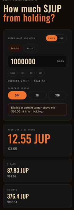 Mobile app calculator screen titled 'How much $JUP from holding?' showing 1,000,000 $BURN input, with 24-hour yield of 12.55 JUP ($3.55), 7-day yield of 87.83 JUP ($24.86), and 30-day yield of 376.4 JUP ($106.54).