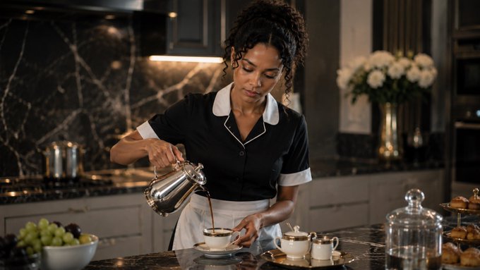 A woman in a black and white maid uniform pours coffee from a silver pot into a teacup in a luxurious kitchen with marble countertops and fresh flowers. 

The image doesn't directly connect to the post's content about sleep optimization and Sleepagotchi's Quest Hub, though the scene of a refined daily ritual could loosely parallel the post's theme of finding competitive advantage in small, intentional routines.