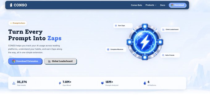 The image shows the CONSO website homepage with the tagline "Turn Every Prompt Into Zaps," promoting a browser extension that tracks AI usage to earn Zaps, highlighting stats like 35,274 installs, 7.8M+ Zaps mined, and 18M+ prompts analyzed. This relates to the post by showcasing CONSO's platform, which the author describes as a Sui-based project featuring "BOTS" designed as Reputation-Backed Agentic Collectibles rather than typical NFT collections.