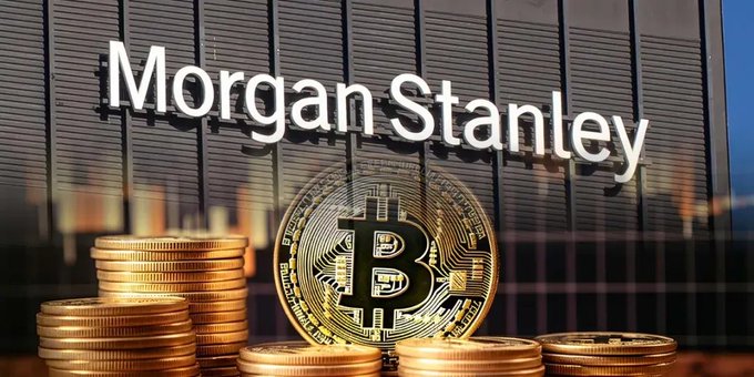 A financial graphic showing the 'Morgan Stanley' logo on a glass building behind stacks of gold coins and a large golden Bitcoin token.