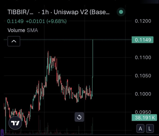 A TradingView chart displays the TIBBIR/... token on Uniswap V2 (Base) at $0.1149, up +0.0101 (+9.68%) over 1 hour, with a sharp recent price spike from around $0.10 to its current level, likely in response to the user's question about "$tibbir" news.