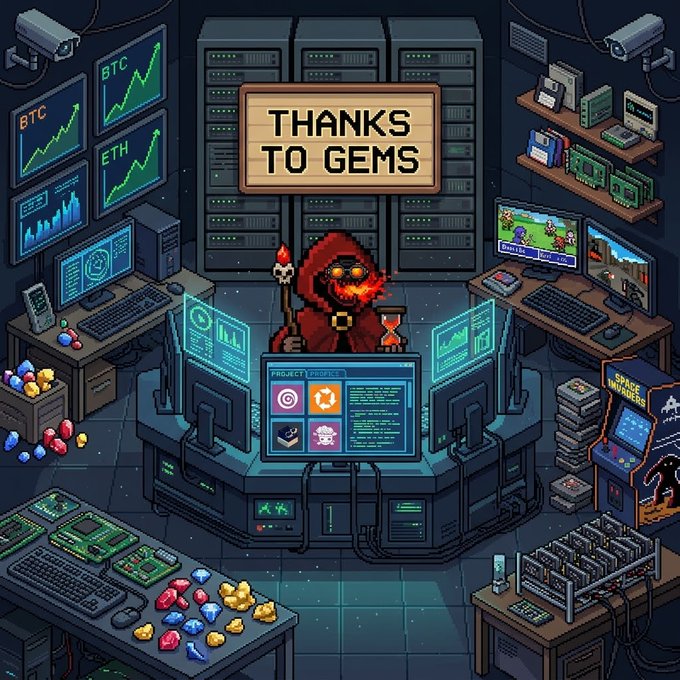 Pixel art scene of a hooded figure at a multi-monitor workstation displaying crypto charts and mining rigs, with a wooden sign reading 'THANKS TO GEMS' hanging above.