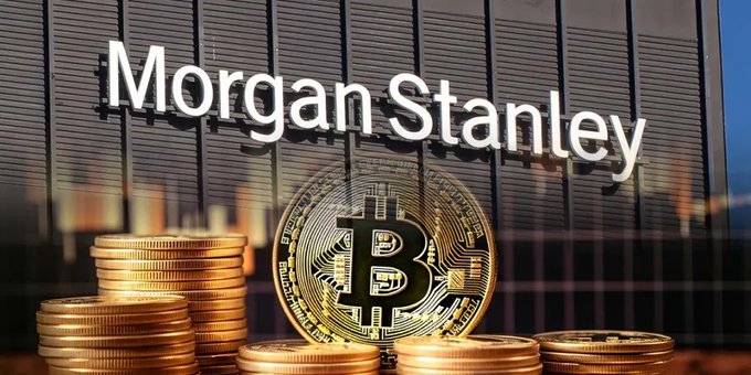 A physical Bitcoin token rests on stacks of gold coins in front of a Morgan Stanley building sign. The image illustrates Morgan Stanley's ETF clients purchasing $32.41 million worth of Bitcoin.