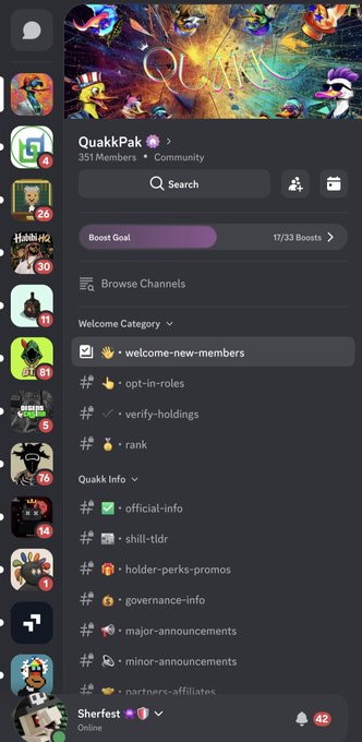 A Discord server interface for 'QuakkPak' showing 351 Members, with channels like #welcome-new-members, #opt-in-roles, and #verify-holdings, plus a Boost Goal of 17/33.