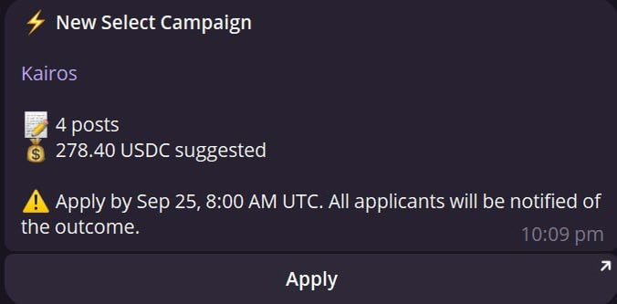 A notification for a new Select Campaign from Kairos on Wallchain, offering 278.40 USDC suggested reward with 4 posts available and an application deadline of September 25 at 8:00 AM UTC, with an "Apply" button to submit.