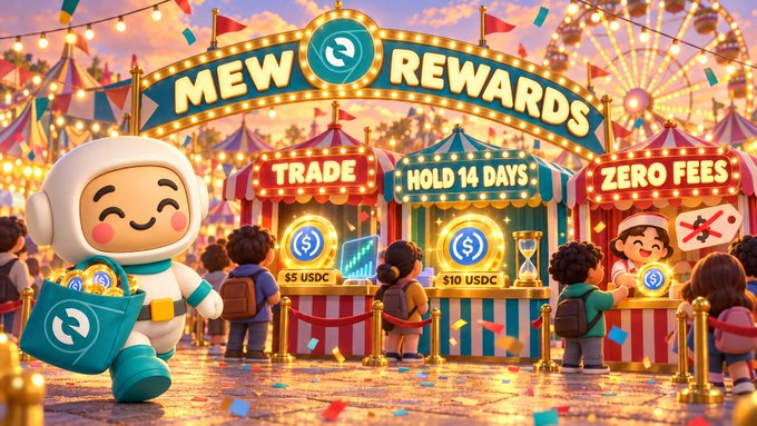 A promotional illustration for "MEW REWARDS" featuring a cute astronaut mascot at a colorful carnival-themed booth promoting features like "TRADE," "HOLD 14 DAYS," and "ZERO FEES," referencing $5 USDC and $10 USDC.