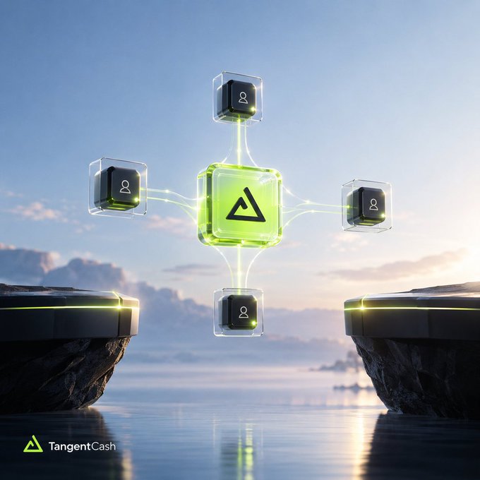 A digital artwork with a "TangentCash" logo showing a glowing green cube connected by energy beams to four smaller cubes containing user profile icons, floating above two rock platforms.