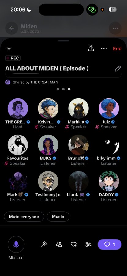A mobile app interface for a live audio chat room titled "ALL ABOUT MIDEN (Episode)" displays various speaker and listener avatars.