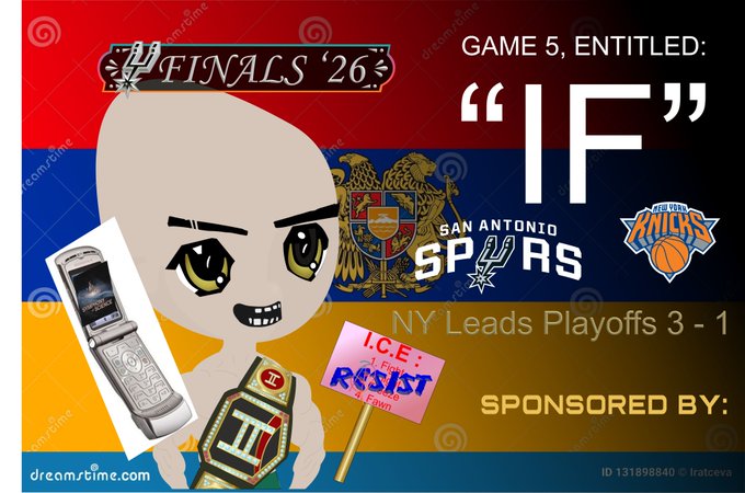 The image features a cartoon character holding a cell phone, with the text "Game 5 entitled" written above them. The background of the image displays the NBA Finals logo for the San Antonio Spurs against the New York Leads.
