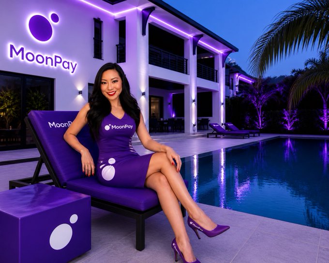 A woman in a purple MoonPay dress sits by a pool, with a building behind her illuminated with purple neon MoonPay branding and logos.