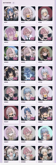 The image displays a grid of 30 anime-style character portraits from the Momo Yumemi NFT collection, labeled "ACTIVATED" at the top, with each entry showing a unique token number ranging from #317 to #3958 (including #1377, #700, #1073, #1369, #1384, #1433, #1473, #1572, #1616, #1738, #1770, #1802, #1924, #2006, #2321, #2419, #2667, #2831, #3075, #3162, #3207, #3383, and #3858). This visualizes the collector's commitment to holding their Momos active for Epoch 4 rewards rather than selling them cheaply, directly supporting the tweet's message of long-term conviction in the collection.