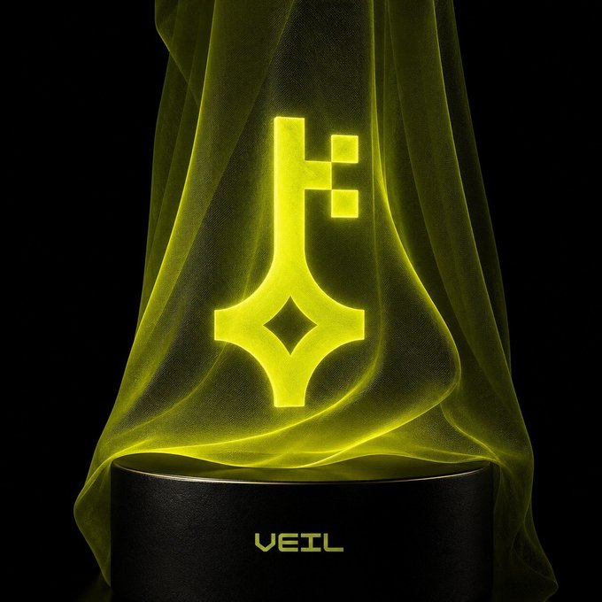 A glowing yellow geometric key symbol floats above a dark cylindrical base labeled "VEIL," shrouded in flowing, translucent fabric. The image visually echoes the post's emphasis on privacy and encryption, with the hidden, veiled key symbolizing secure, unreadable data that still unlocks value.