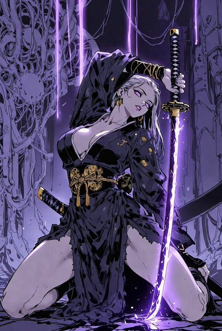 The artwork, "Shadow Lotus," features a fierce woman with a glowing purple katana and sword, embodying the essence of the NFT minted by the artist's supporter, @NftSunage.