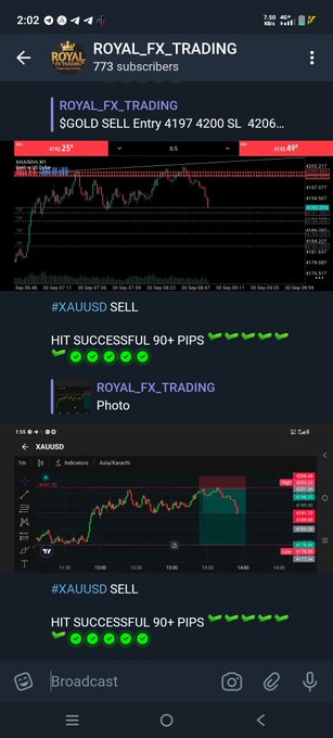 A screenshot of a Telegram channel called 'ROYAL_FX_TRADING' (773 subscribers) showing gold trading charts with successful 'XAUUSD SELL' signals claiming 'HIT SUCCESSFUL 90+ PIPS'.