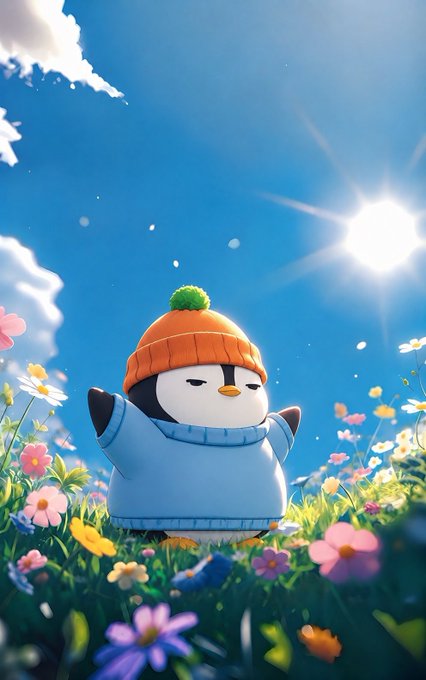 A cute cartoon penguin wearing an orange beanie and blue sweater stands joyfully in a field of colorful flowers under a bright sunny sky.