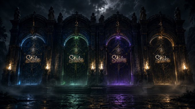 The image shows four ornate gothic-style arched gates numbered 1-4, each glowing in a different color (blue, green, purple, and gold) with "Stake" branding on them, creating a mystical gateway visual that ties to the post's call for users to reply with their Stake usernames.